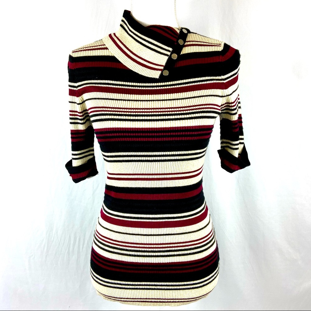 WHBM White Black Maroon Gold Stripe 3/4 Sleeve Stretchy Sweater With Sparkle